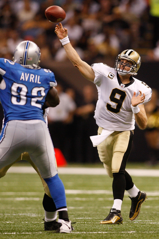 Brees  throws  a  pass  during the  game  played  against  the  Detroit  Lions  played  in the  New  Orleans  Superdome  ,  New  Orleans  ,  Louisiana  on  Sunday.    picture  appears   courtesy  of  getty  images/ Chris  Graythen  ................. 