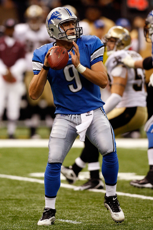 Lions   starting   quarterback  Matthew  Stafford  makes  an  attempted  pass   during the  game   against  the  New  Orleans   Saints.   It's  was  Stafford's   baptism  of  fire  in  his  first   regular  season  game  for  the  Detroit  Lions'  franchise.      picture  appears  courtesy of   getty  images/  Chris  Graythen  ...................