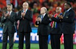South Africa President Jacob Zuma (2ndR) and FIFA President Joseph 'Sepp' Blatter (C) stand with delegates prior to the 2010 FIFA World Cup South Africa Final match between Netherlands and Spain at Soccer City Stadium on July 11, 2010 in Johannesburg, South Africa. Getty Images Europe/ Clive Mason .....