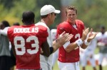 Atlanta Falcons receiver Harry Douglas (83), offensive coordinator Mike Mularkey (center)and quarterback Matt Ryan (2) celebrate during NFL football training camp in Flowery Branch, Ga., Wednesday, Aug. 4, 2010. It'd appear that Mularkey is one of the candidates that Browns' President is said to be interested in interviewing for the vacant head coach's position with the Cleveland Browns . AP Photo/Paul Abell ........